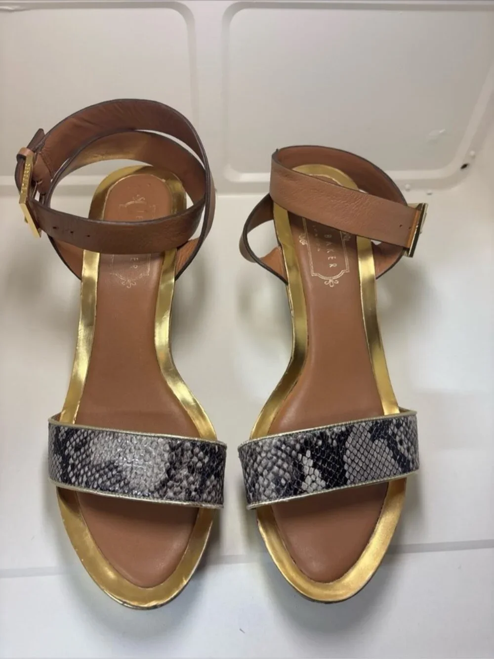 Ted Baker Gold-Platform Wedge with Brown Ankle Strap and Snake-Print Toe
